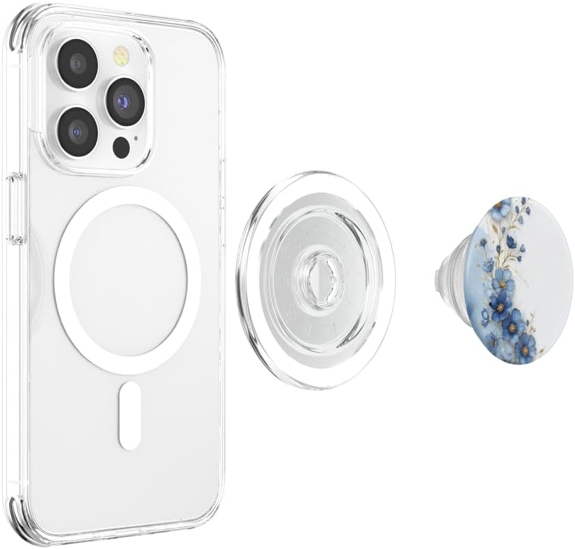 White Blue Floral Illustration Print PopSockets PopGrip for MagSafe