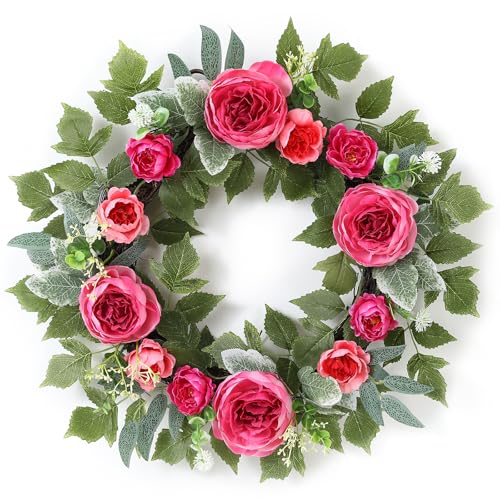 20 Peony Wreath for Front Door Artificial Hot Pink Peony Summer Floral Wreath for Wall Window Wedding Home Decor Housewarming Gift