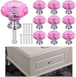 JIZZU 10Pcs Pink Crystal Door Knobs for Cupboards & Wardrobes with Screws, Glitter Pink Crystal Handles for Drawer, Elegant and Delicate Pink Door Knob for Chest of Drawer, Reflecting Brilliant Colors