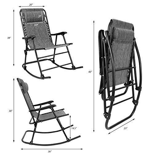 Devoko Patio Rocking Zero Gravity Chair Outdoor Wide Recliner Chair for Lawn Beach Camping Poolside with Headrest Pillow (Grey) - Thumbnail 3