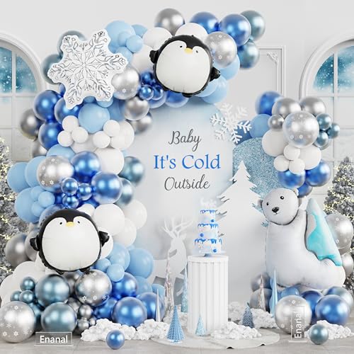 Enanal Winter Wonderland Balloon Arch Kit 159pcs Silver Blue White Latex Balloons with Polar Bear/Penguin/Snowflake Foil Balloons for Is Cold Outside Baby Shower Birthday Winter Party Decorations