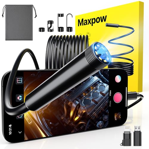 Maxpow Endoscope Inspection Camera IP67 Waterproof Endoscope 1920HD Plug & Play for iPhone/Android Borescope Inspection Camera with Snapshot & Video Record For Engine & Plumbing 4.98M -upgrade