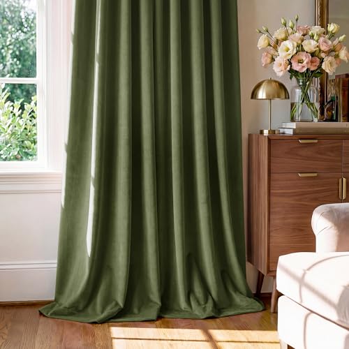 Image of Moss Green Velvet Curtains Back Tab for Chrismas, W52 x L132, 2 Pcs | Holiday Decor, 300GSM Heavy Extra Long Velvet, Heat Insulated, Privacy, Panels for Bedroom, Kids Room, Living Room, Kitchen