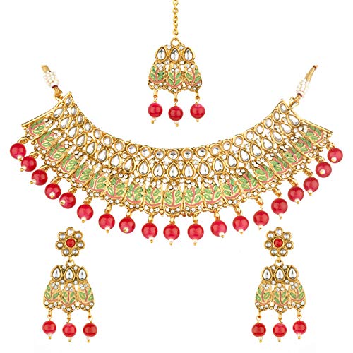 Efulgenz Indian Kundan Crystal Pearl Bollywood Traditional 14 K Gold Plated Wedding Choker Necklace Earrings Maantikka Jewelry Set