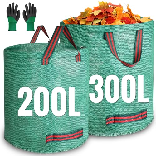 JARDILIFE Garden Waste Bags Heavy Duty 200 300 Litre 2 Pack, Reusable Garden Sacks with 1 Pair of...