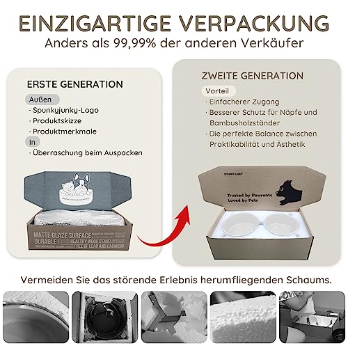 SPUNKYJUNKY Hundenapf Keramik Doppel Hund Futternapf mit Bambus Ständer für Katzen und Hunde (400ml, 2-Grau)