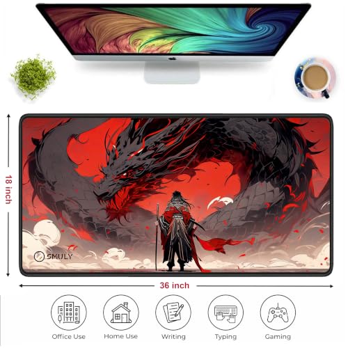 Image of Red Warrior Mouse Pad 18x36Inch 3mm Extended Gaming Desk Mat with Anti-Slip Rubber Base Mousepad for Smooth Surface Desk pad for PC & Laptop Use Waterproof & Stiched (Red /Black) Deskpad