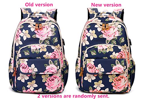 Image of Leaper Floral Backpack casual Bookbag Daypack USB Charging Port Dark Blue