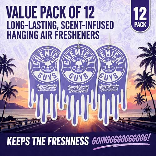 Image of Chemical Guys Hanging Car Air Freshener 12-Pack, Capri Sunlit Dream Coastal Citrus & Soft Floral Fragrance, Rearview Mirror Paper Fresheners for Cars, Trucks, SUVs, RVs & Boats
