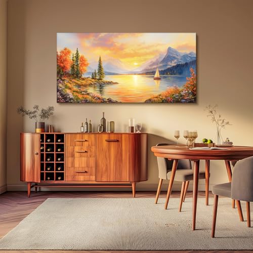 SERIMINO Autumn Landscape Wall Art, Lake Sunset Canvas Extra Large Artwork, Mountain Forest Boat Nature Art Prints, Modern Wall Pictures for Living Room Bedroom, Rustic Farmhouse Wall Decor 30"X60"