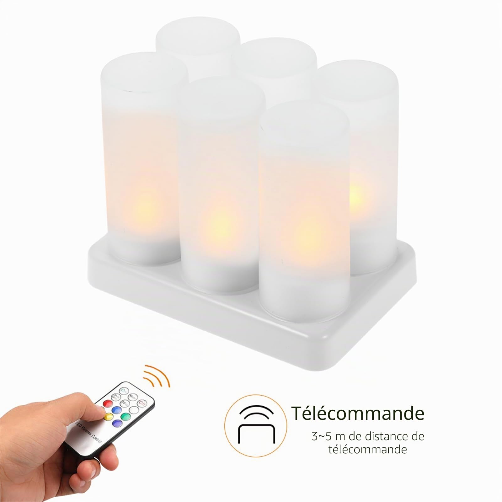 Lot de 6 bougies chauffe-plat LED rechargeables à changement de couleur vacillante sans flamme avec télécommande USB 5 V Base de charge pour fête de Noël, vacances, festivals, mariage