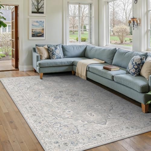 PureCozy Teppich Wohnzimmer Blau 160x230cm Vintage Wohnzimmerteppich | Schlafzimmer Carpet, Waschbarer Rutschfest, Weich Kurzflor, Living Room