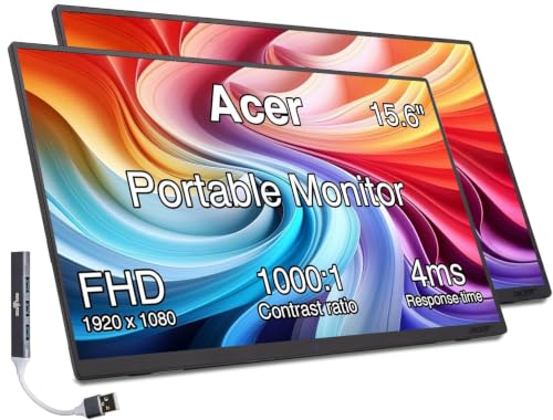 Image of Acer 15.6 inch Portable USB-C IPS Monitor with Tiltable Stand 2 Pack | 4ms Response Time, Anti-Glare, 250 nits, Built-in Speakers, Mini HDMI & Dockztorm USB Port Expander, Black Color