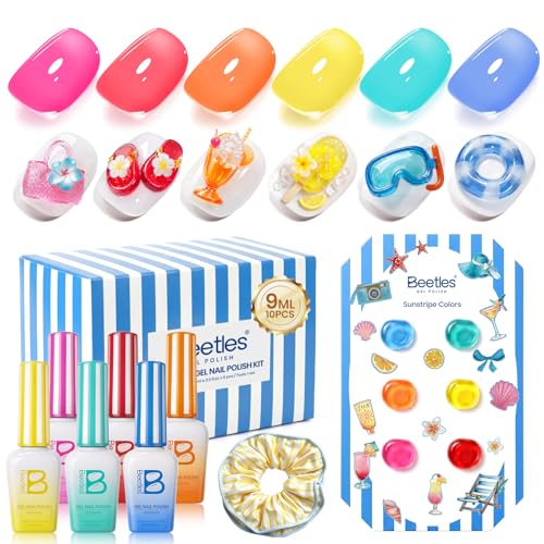 Image of Beetles Summer Voyage Neon Gel Nail Polish Set - 9ML 6 Colors Specials Jelly Gel Nail Polish Kit Sheer Gel with Sticker Nail Accessories Soak Off UV Salon DIY at Home Manicure Gift for Women