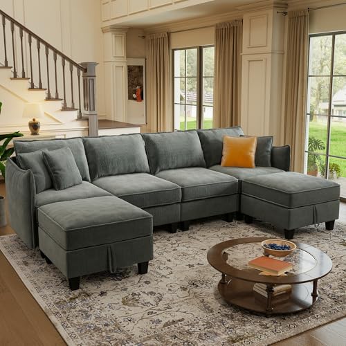 WorthFurni 112" Modular Sectional Sofa U Shape Couches with Storage Ottoman and Washable Cushion Cover for Living Room, Bedroom, Apartment(Grey) - image 1