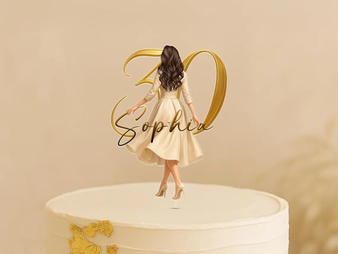 Personalized Milestone Birthday Cake Topper, Custom Any Age Name Woman Figure Decoration, Elegant Gold Acrylic Party Supply, Customizable Hair & Dress