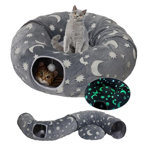 Cat Tunnel Bed for Indoor Cats with Washable Cushion Cat Cave Donut Tunnel with Fluffy Ball Big Round Tube Pet Playground Toys Soft Plush Peekaboo for Kitten, Cat, Puppy, Rabbit, Ferret（Moon Star）