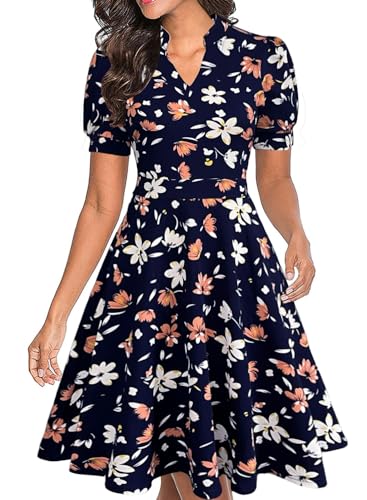 Image of Mokayee Womens Summer Short Puff Sleeve Casual Semi-Formal Fit and Flare Church Wedding Guest Work Dresses with Pockets