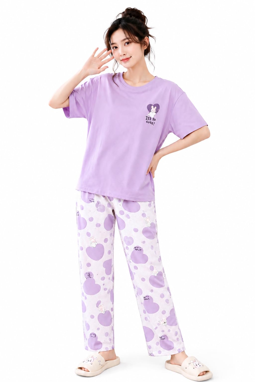 Women's Pure Cotton Nightwear Set - Cute Printed Lavender Half Sleeve T-Shirt and Pajama Set for Girls, Comfortable Loungewear & Sleepwear-image-27
