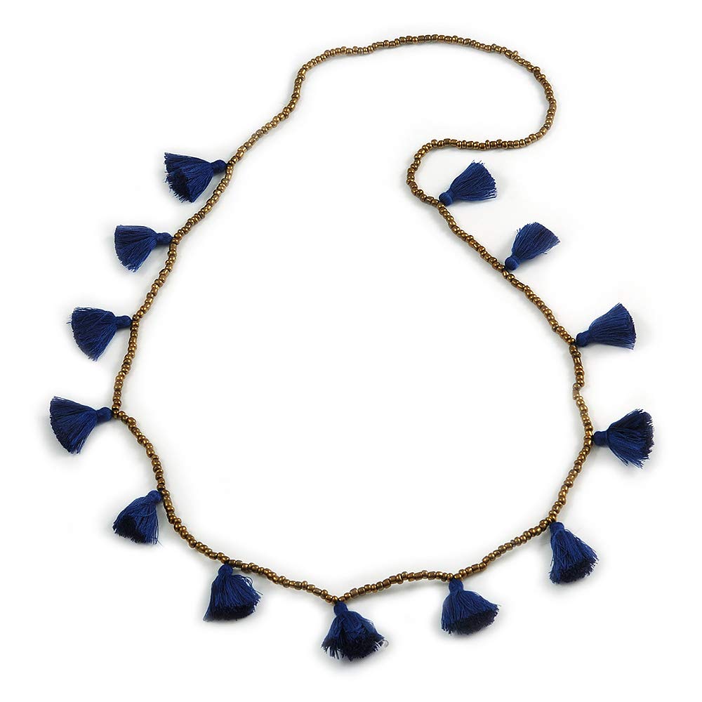 Avalaya Collana Lunga Bohémien In Vetro Bronzo Con Nappa In Cotone Verde Scuro – 96 Cm Di Stile Unico