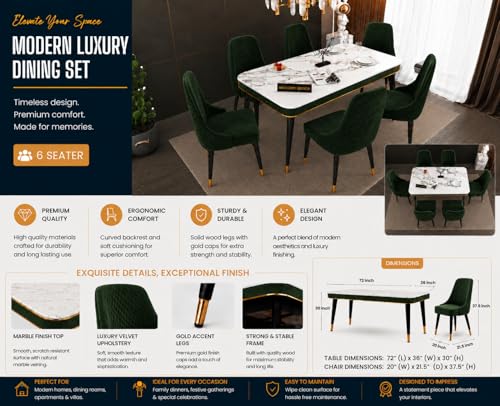 Image of WOODEN SPACE 6-Seater Wooden Dining Table Set | Nano Composite Marble Top | Solid Wood Base | Modern Dining Room Furniture with 6 Chairs (Dark Green Modern Vento)