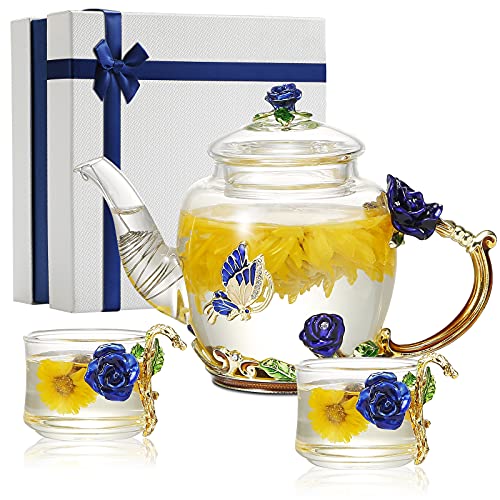 Glass Clear Teapot Set with 2 Tea Cup, Glass Tea Kettle, Glass Tea Cup, Fancy Enamel Rose Flower Butterfly Tea Set for Women Adult Great Tea Gifts for Tea Party-Blue, Butterfly Teapot