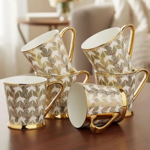 Image of Clay Craft Fine Ceramic Tea Cups Set of 6| 180 Ml Gold Print Cups with Handle | Elegant Design for Tea| Coffee| Home| Office & Gifting