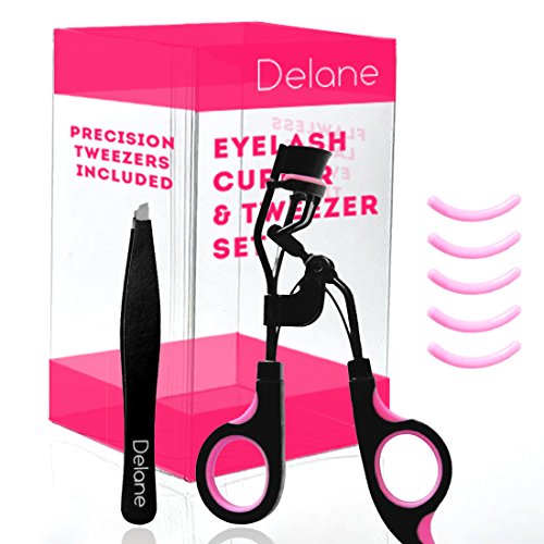 CLEARANCE SALE! Premium Eyelash Curler with Precision Tweezers Plus Bonus Pad Refills for Beautiful Eyelashes