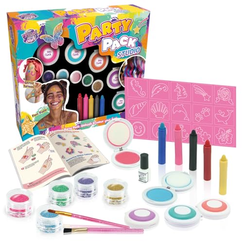 PARTY PACK STUDIO –All-in-One Face Paint, Glitter Tattoo and Hair Colouring Chalk with Stencils and Brushes | 15 Stencils, 30 Applications, Washable | Parties and Festivals | Face paint kit Ages 6+