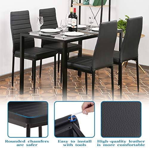 FDW Dining Table Set Glass Dining Room Table Set for Small Spaces Kitchen Table and Chairs for 4 Table with Chairs Home Furniture Rectangular Modern (Black) - 3