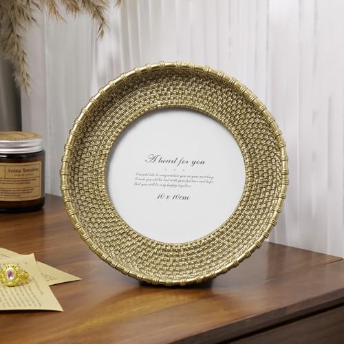 Round Picture Frame 4x4 Vintage Gold Frames, Rattan Textured Hand-Crafted Photo Frame with Glass Front, Antique Picture Frame for Tabletop Display & Wall Display, Retro Design Home Decor