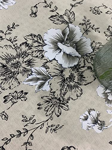F CHU Floral Round Tablecloth 60 Inch Cotton Linen Table Cloth with Tassels for Restaurant Picnic Indoor and Table Cover Home Decoration FloralBlack White