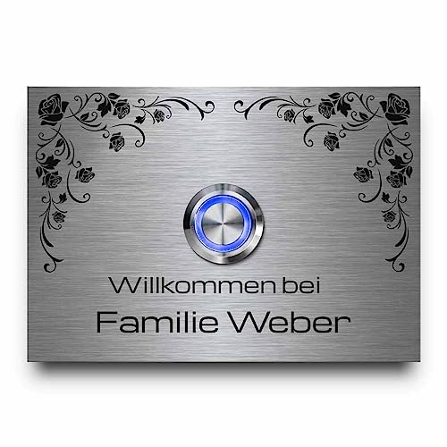 Edelstahl Klingel für die Haustür | Türklingel mit Namen und Gravur Text - Klingelschild Modell Weber ab 10x7 cm - mit Premium LED Klingeldrückern und optionaler Dekorplatte | Große Auswahl an Motiven Edelstahl Klingel für die Haustür | Türklingel mit Namen und Gravur Text - Klingelschild Modell Weber ab 10x7 cm - mit Premium LED Klingeldrückern und optionaler Dekorplatte | Große Auswahl an Motiven
