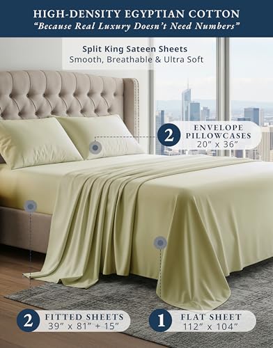 Image of LANE LINEN Split King Cooling Sheets 100% Egyptian Cotton Sateen - Seafoam | Split King Deep Pocket Sheets - 5-Piece Set, For A Luxurious Night's Sleep, For A Silky Hotel-Style Bed, Luxe Sheen