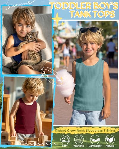 Image of 4 Pack Toddler Boys Cotton Tank Tops | Ribbed, Sleeveless T-Shirts, Summer Undershirts, Slim Fit, Crewneck, Layering, Sizes 18M-5T