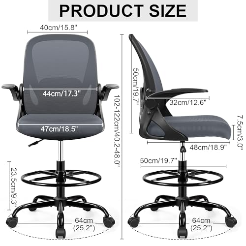 Image of Drafting Chair Tall Office Chair with Flip-up Armrests, Adjustable Height, Enhanced Lumbar Support Ergonomic Rolling Stool, Back Support, Adjustable Foot Rest Ring for Standing Desk Dark Gray