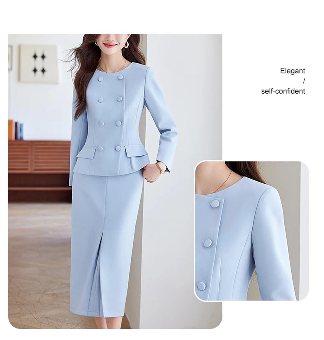 Damen Zweiteiler Mit Langarm Rundhalsausschnitt Zweireihiger Jacke Und Rock Fürs Büro Elegantes Business Casual Set Mit Rock Für Partys Und Bankette