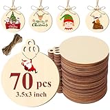 Cyrico 70 Pcs Wooden Ornaments for Crafts, Unfinished Wood Christmas Ornaments Predrilled Round Wood Slices Circles Blank Discs for DIY Painting, Tags, Xmas Tree Hanging Decoration, 3.5 x 3 inch