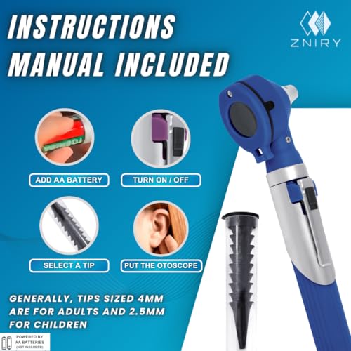 Zniry Fiber Optic Mini Otoscope - Ear Scope with Light for Infection Detection, Wax Removal, and at-Home ENT Exams (Blue Color)