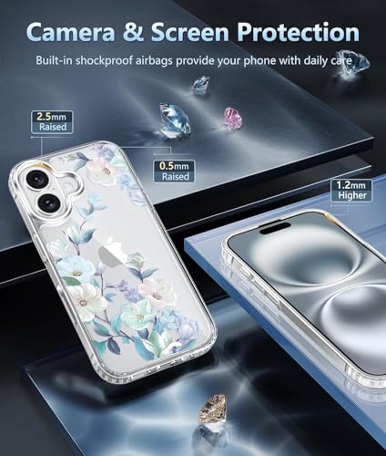 Image of Elzzi Clear Transparent Flower Cover for iPhone 17 Case Shockproof Floral Design Full Camera Protection Shockproof PC+TPU Transparent Cover for Girls & Women (Blue)