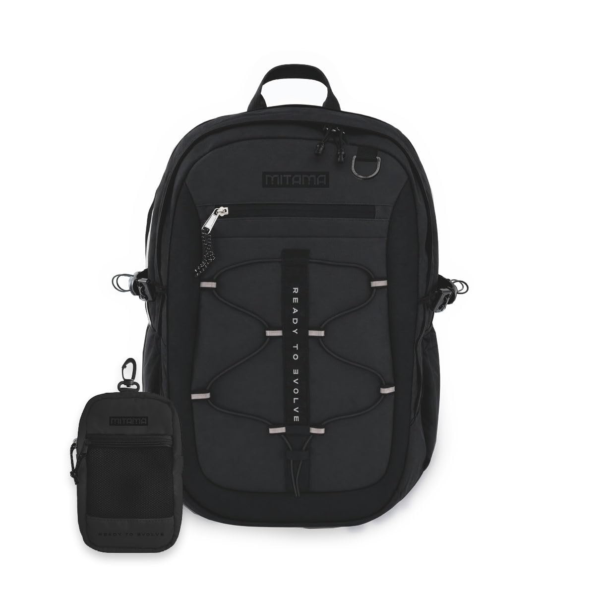 Mitama Zaino Scuola, Univeristà, Viaggio, RTE (READY TO EVOLVE) Midnight Black, Doppio Scomparto con Fibbie Laterali, Ragazzi e Ragazze, Tasca Porta PC e Tasche Accessoriate, con Astuccio, nero