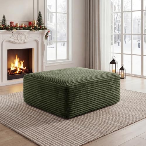 Corduroy Ottoman, Modern Boneless Cloud Foot Rest Foam Support, Oversized Modular Sectional Sofa Rectangel Stool for Living Room, Bedroom & Small Spaces, No Assembly Required (Green, Ottoman)