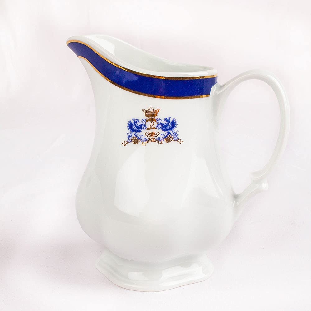 Duisburg - Set da tè in porcellana bianca decorata in blu coblato e filo d'oro 27 pezzi - 12 tazze, 12 piattini, 1 teiera, 1 lattiera, 1 zuccheriera