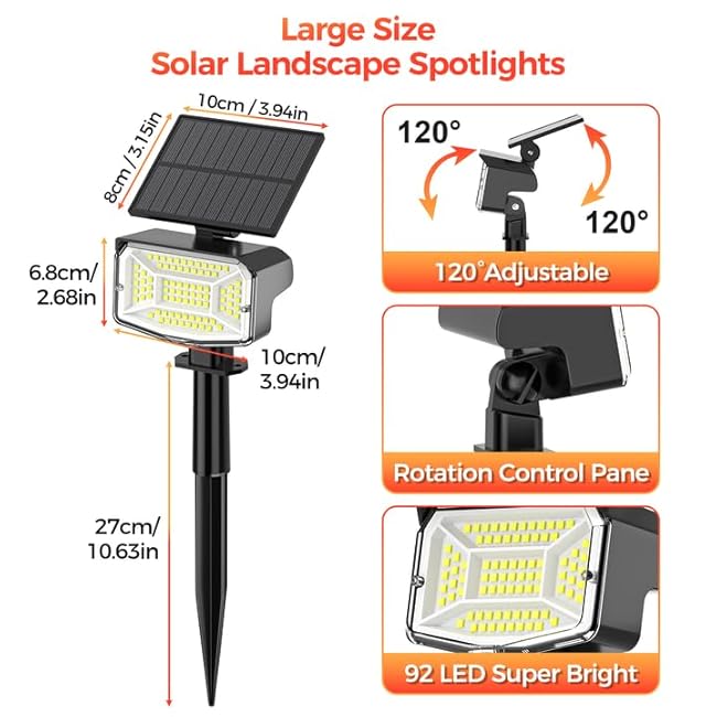 Solar Spot Lights 92 LEDs Outdoor Solar Lights Cool White