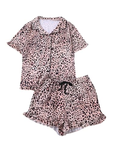 SOFIA'S CHOICE Women's Cheetah Print Pajamas Set Ruffle Button Up Sleepwear Top and Cute Shorts Lounge Set3