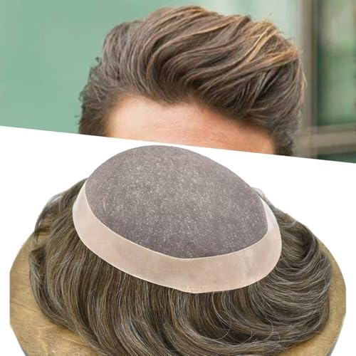 FACE MIRACLE Toupee for Men Human Hair Replacement System, Fine Mono Lace Center with NPU, 1/8" Folded Lace Front Natural Hairline Mens Hair Piece 550# 5# MEDIUM LIGHT BROWN+50% SYNTHETIC GREY 7 * 10