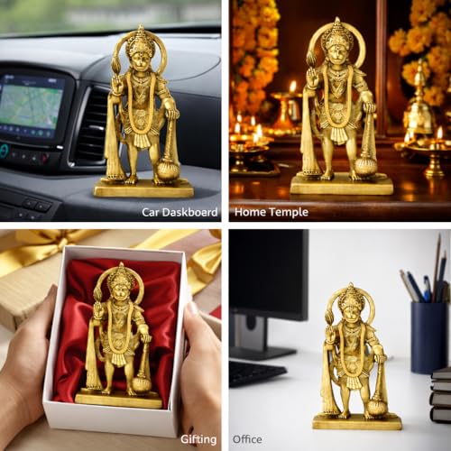 Image of Unique Dual Sided Design Hanumanji Blessing Idol with 10 cm Height for Car Dashboard,Mandir,Desk,Home Decor | Divine Bajrangbali Statue for Gifting| (Golden) (Pack of 01)