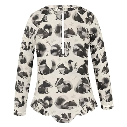 Cute Skunk Animals on Cream Girls Rash Guard Swimsuits Long Sleeve One Pieces Bathing Suit UPF 50+ Zipper Swimwear2