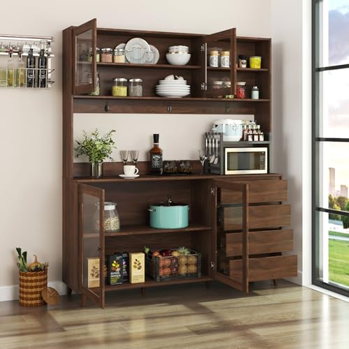 Image of 63 inch Walnut Kuchenschrank Vorratsschrank Aufbewahrungsschrank, Freistehender Kuchenschrank mit Schubladen und Turen, Gross Kuchenaufbewahrung mit Mikrowellenablage(Walnut 63 inch)