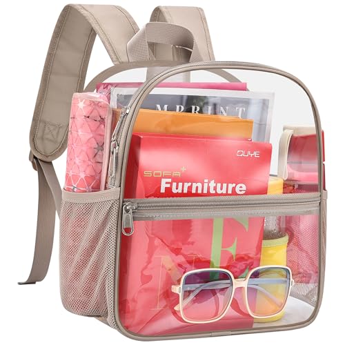 Image of Busiuw Clear Backpack for Stadium Events 12x12x6 Mini Small Sports Fan Backpacks with Front Pocket for Concert Sport Events Work Travel(Khaki)